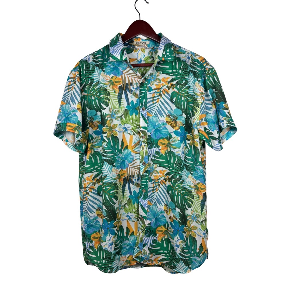 Alex Vando Shirt Mens Medium Easy Care‎ Green Tropical Floral Button Up Hawaiian